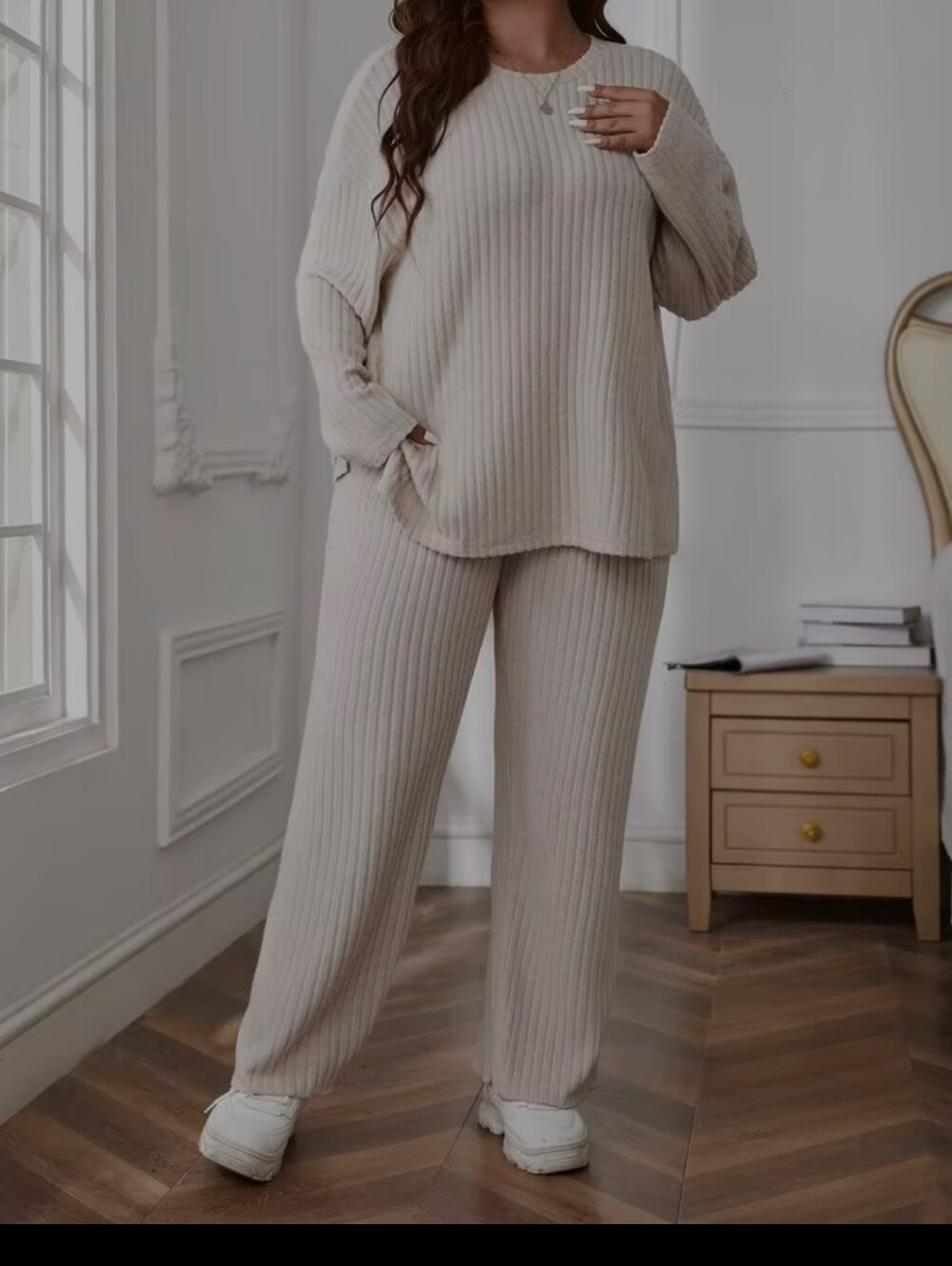 SHEIN Cream Ribbed Loungewear Set